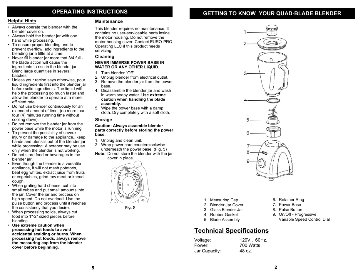 Technical specifications | Euro-Pro QUAD-BLADE BLENDER KB305E User Manual | Page 3 / 4