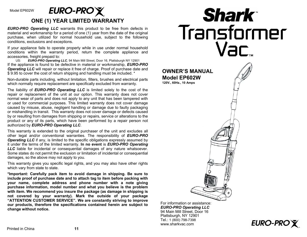 Euro-Pro SHARK EP602W User Manual | 6 pages