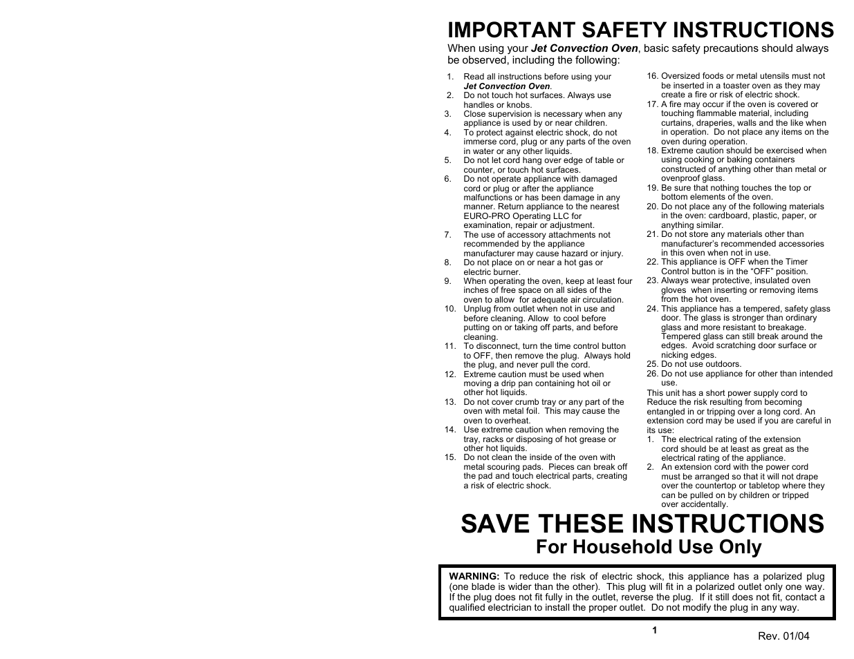 Save these instructions, Important safety instructions, For household use only | Euro-Pro JET JO287SP User Manual | Page 3 / 8