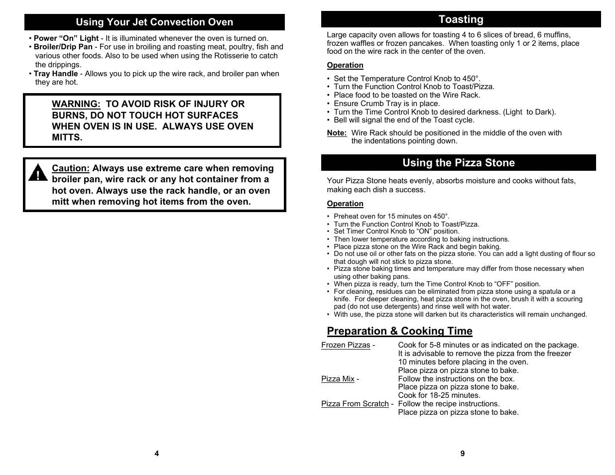 Toasting, Using the pizza stone, Preparation & cooking time | Euro-Pro JET JO287SP User Manual | Page 6 / 8