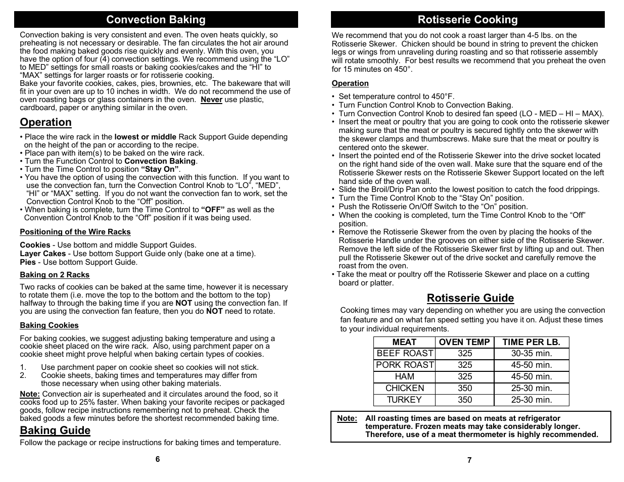 Convection baking rotisserie cooking, Operation, Baking guide | Rotisserie guide | Euro-Pro JET JO287SP User Manual | Page 8 / 8