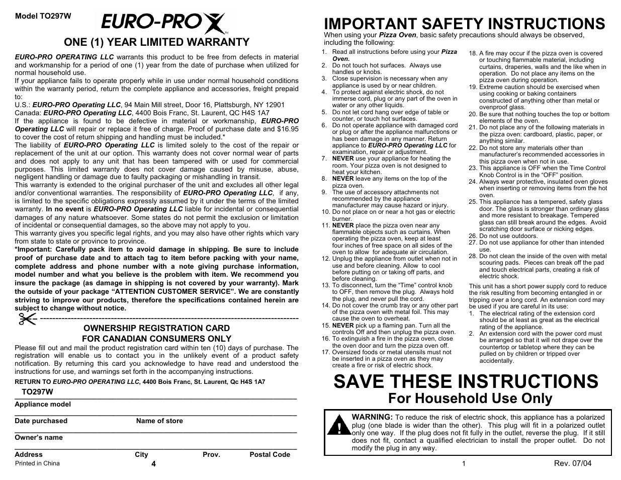 Save these instructions, Important safety instructions, For household use only | One (1) year limited warranty | Euro-Pro TO297W User Manual | Page 3 / 4