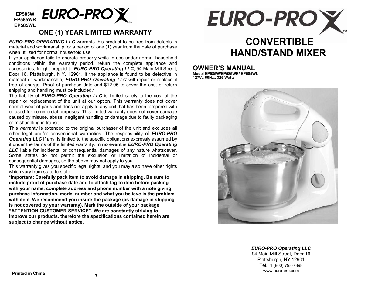 Euro-Pro EP585WR User Manual | 4 pages