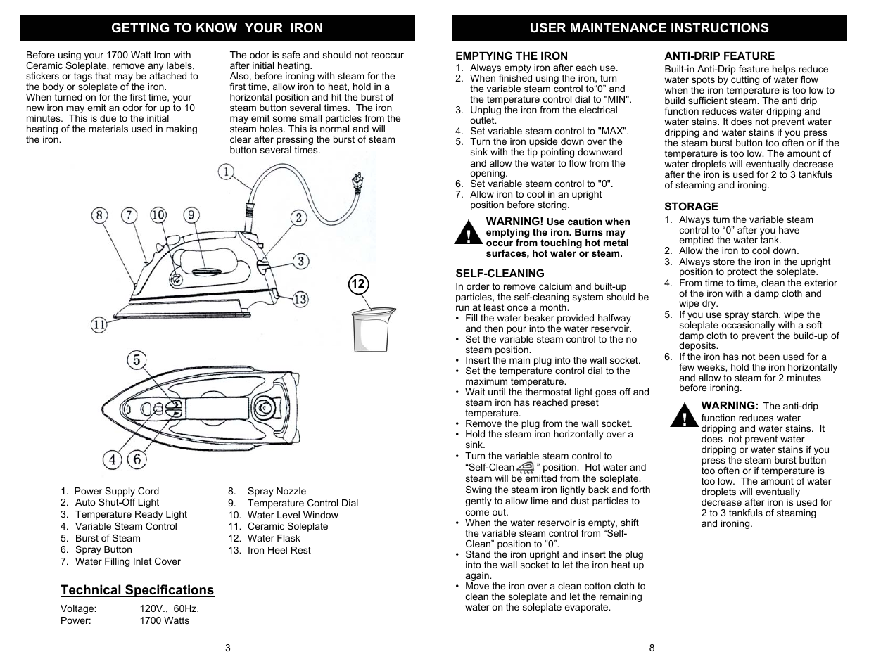 Technical specifications | Euro-Pro GI488H User Manual | Page 4 / 6