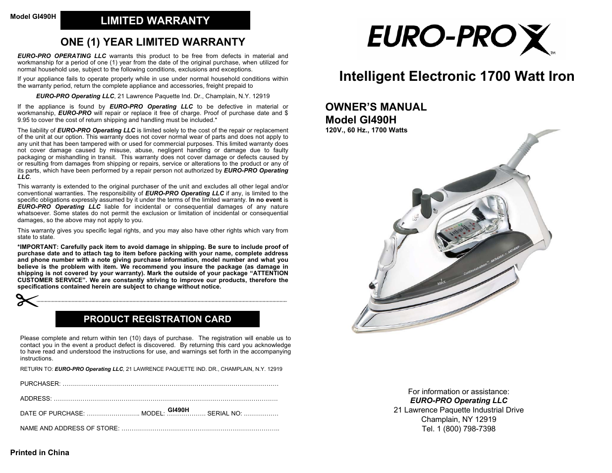 Euro-Pro GI490H User Manual | 6 pages