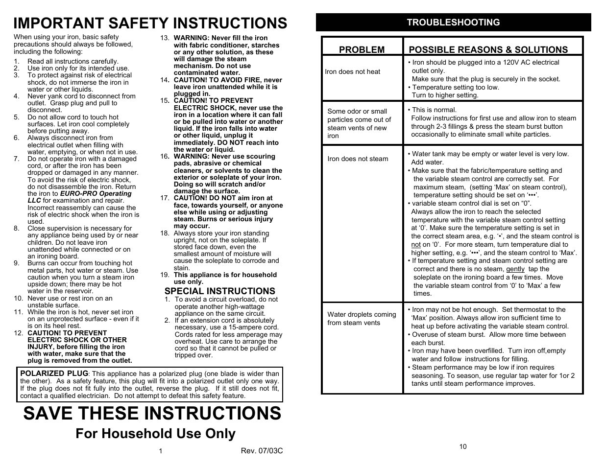 Save these instructions, Important safety instructions, For household use only | Special instructions | Euro-Pro GI490H User Manual | Page 2 / 6