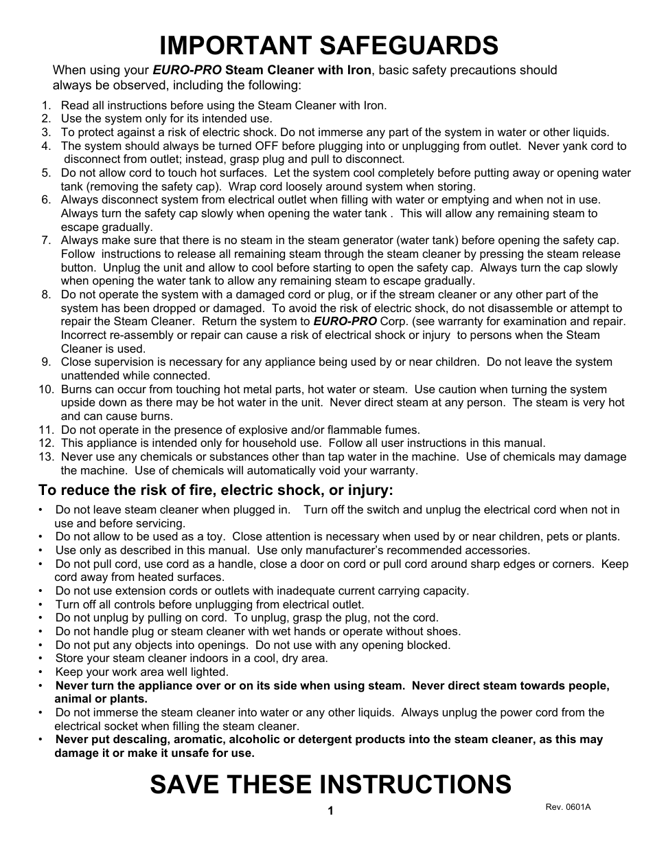 Important safeguards, Save these instructions | Euro-Pro EP965 User Manual | Page 2 / 19