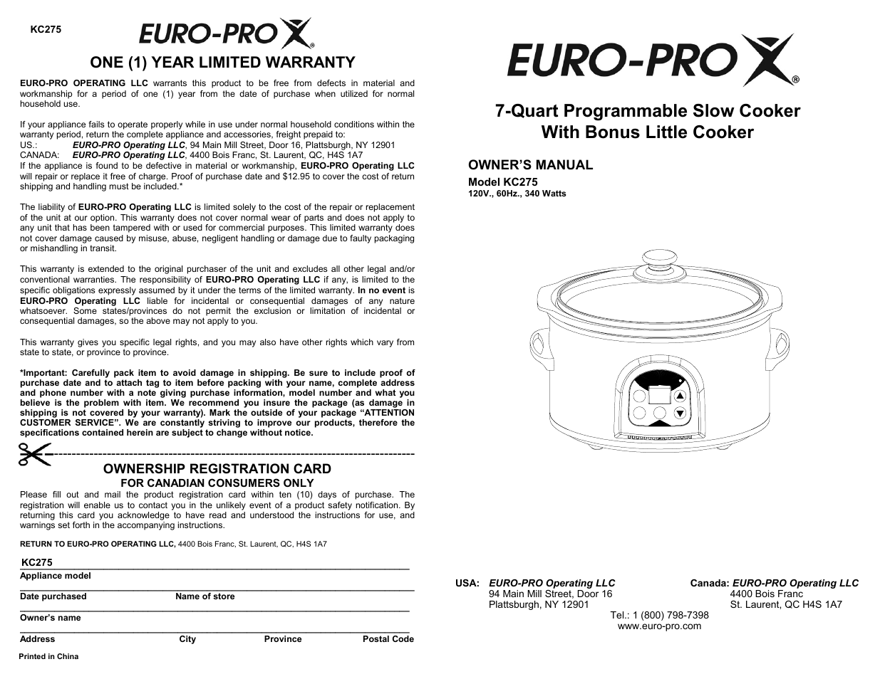 Euro-Pro 7-QUART KC275 User Manual | 8 pages