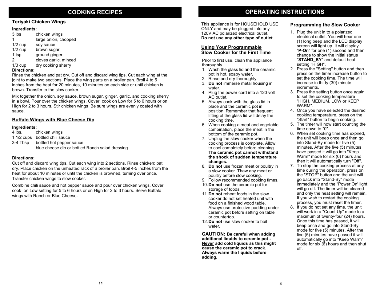 Operating instructions cooking recipes | Euro-Pro 7-QUART KC275 User Manual | Page 5 / 8