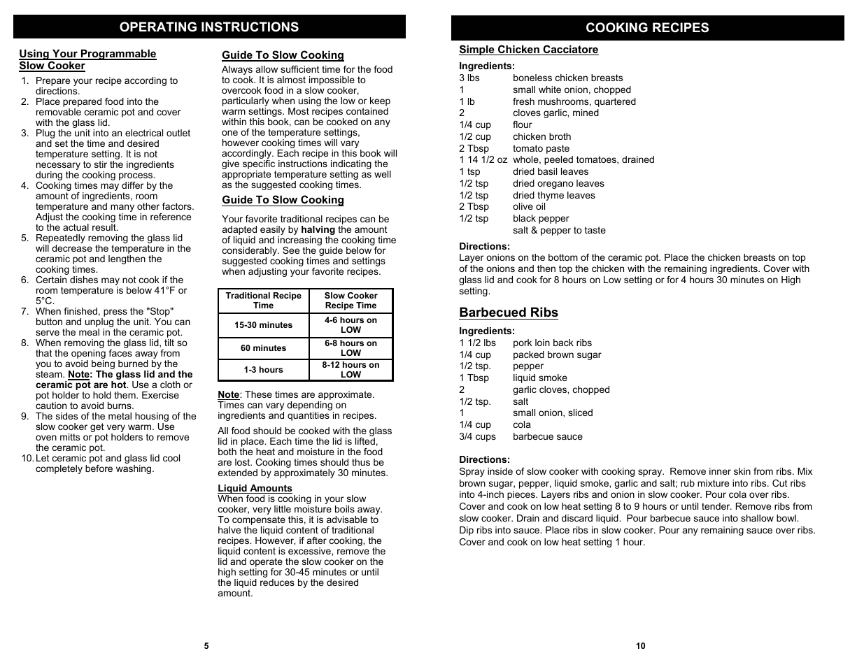 Operating instructions cooking recipes, Barbecued ribs | Euro-Pro 7-QUART KC275 User Manual | Page 6 / 8