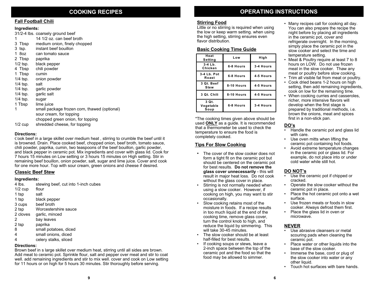 Operating instructions cooking recipes | Euro-Pro 7-QUART KC275 User Manual | Page 7 / 8