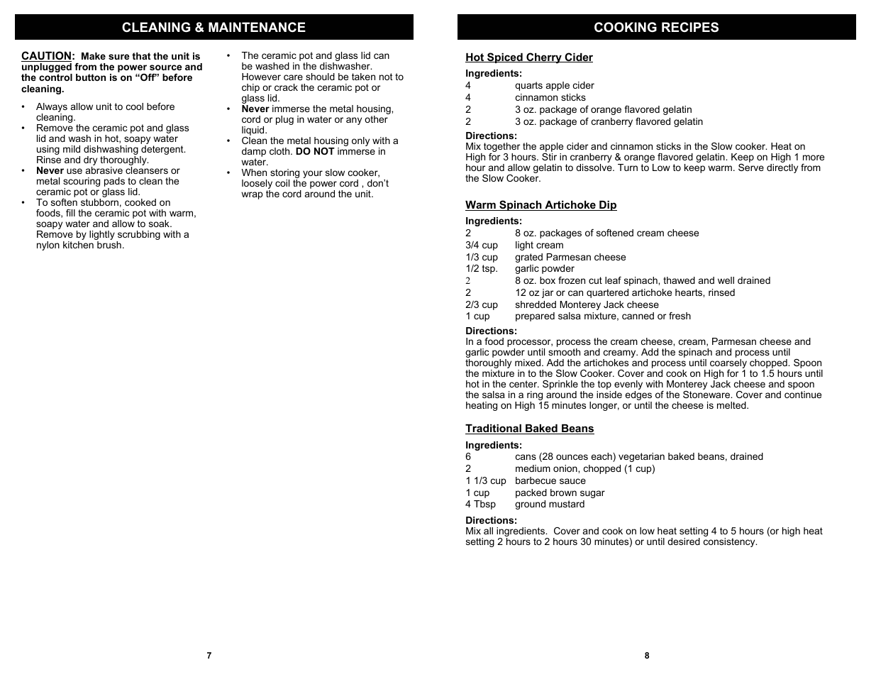 Cooking recipes cleaning & maintenance | Euro-Pro 7-QUART KC275 User Manual | Page 8 / 8