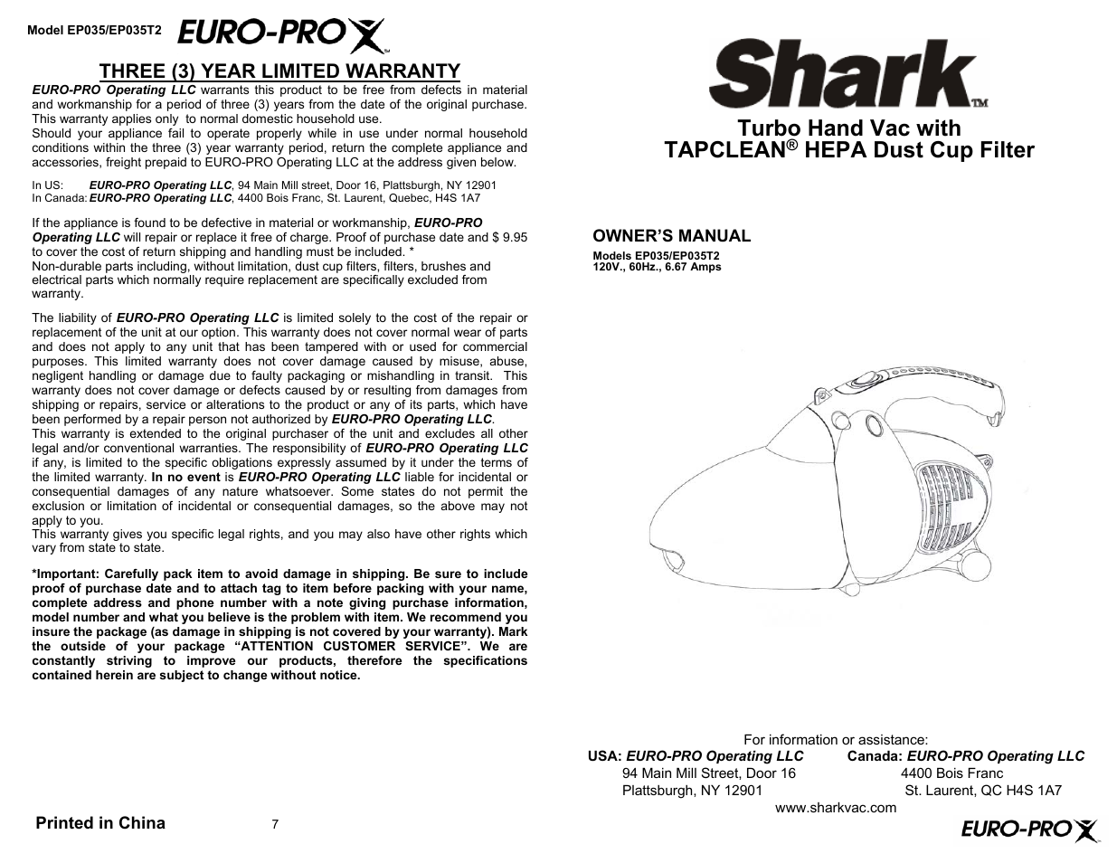 Euro-Pro TURBO HAND VAC EP035T2 User Manual | 4 pages