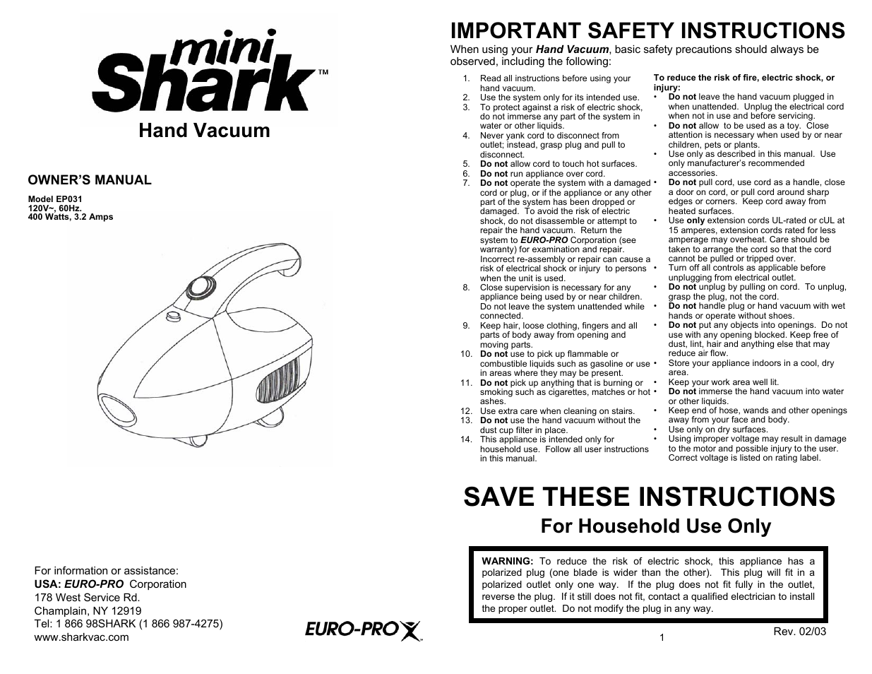 Euro-Pro EP031 User Manual | 4 pages