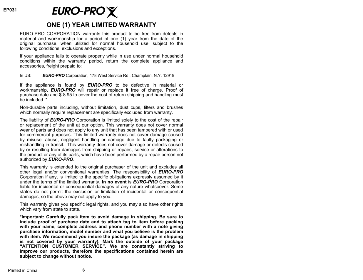 One (1) year limited warranty | Euro-Pro EP031 User Manual | Page 4 / 4