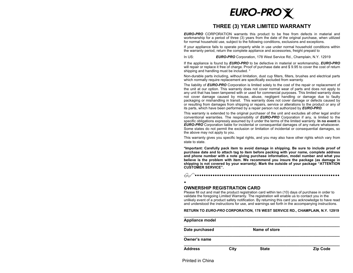 Three (3) year limited warranty | Euro-Pro EP133S User Manual | Page 2 / 6