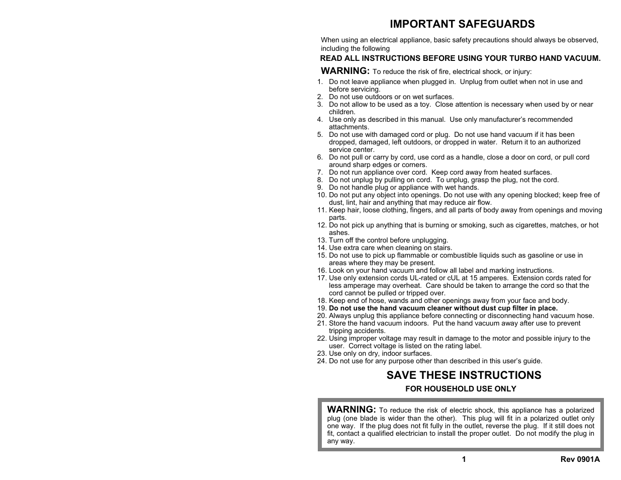 Important safeguards, Save these instructions, Warning | Euro-Pro EP133S User Manual | Page 3 / 6