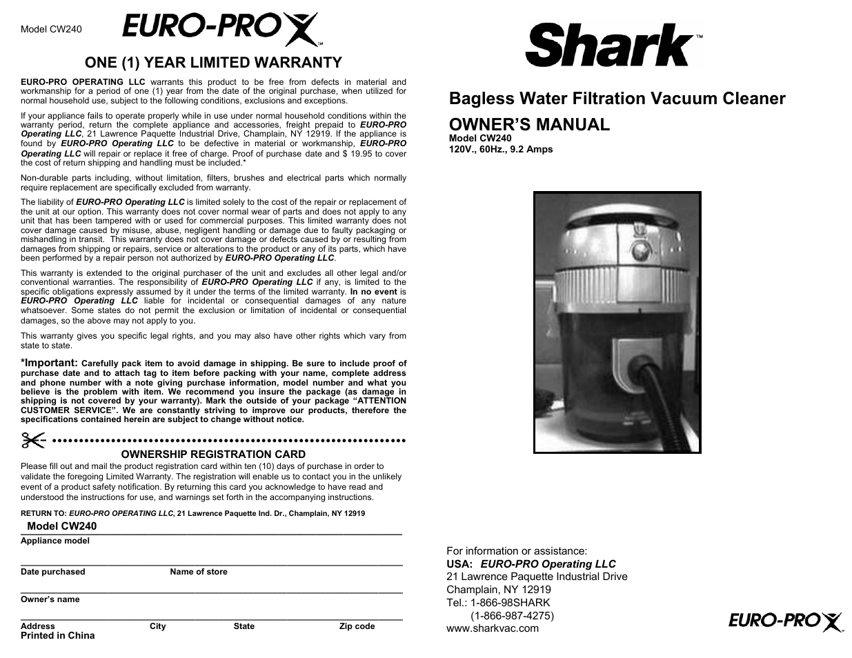 Euro-Pro SHARK CW240 User Manual | 4 pages