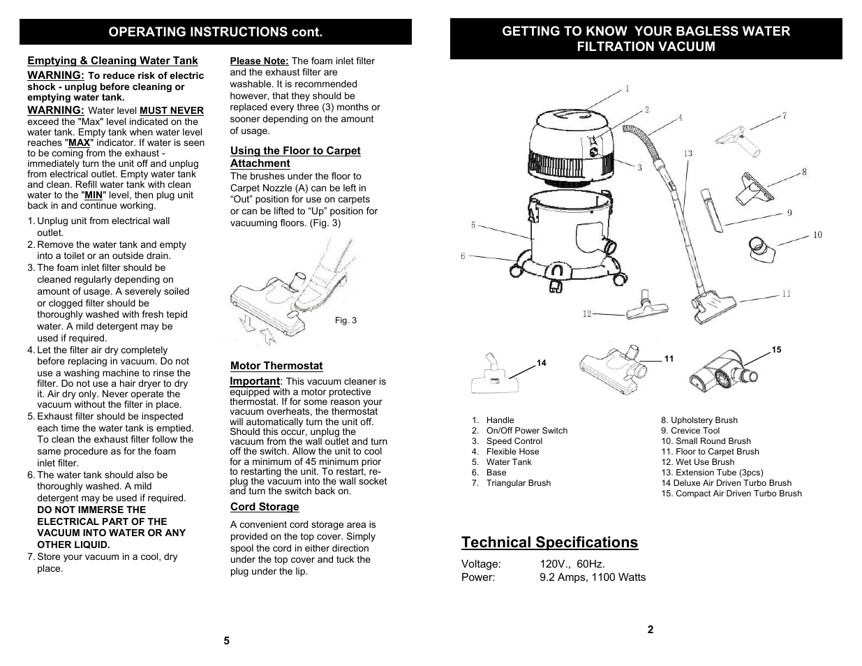 Technical specifications | Euro-Pro SHARK CW240 User Manual | Page 3 / 4