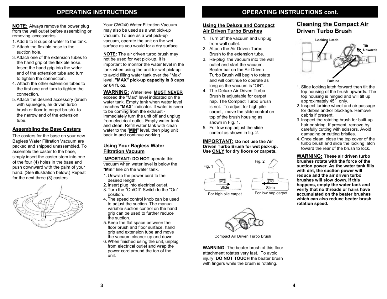 Operating instructions operating instructions cont, Cleaning the compact air driven turbo brush | Euro-Pro SHARK CW240 User Manual | Page 4 / 4
