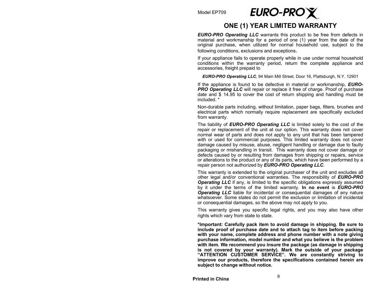 One (1) year limited warranty | Euro-Pro EP709 User Manual | Page 2 / 6