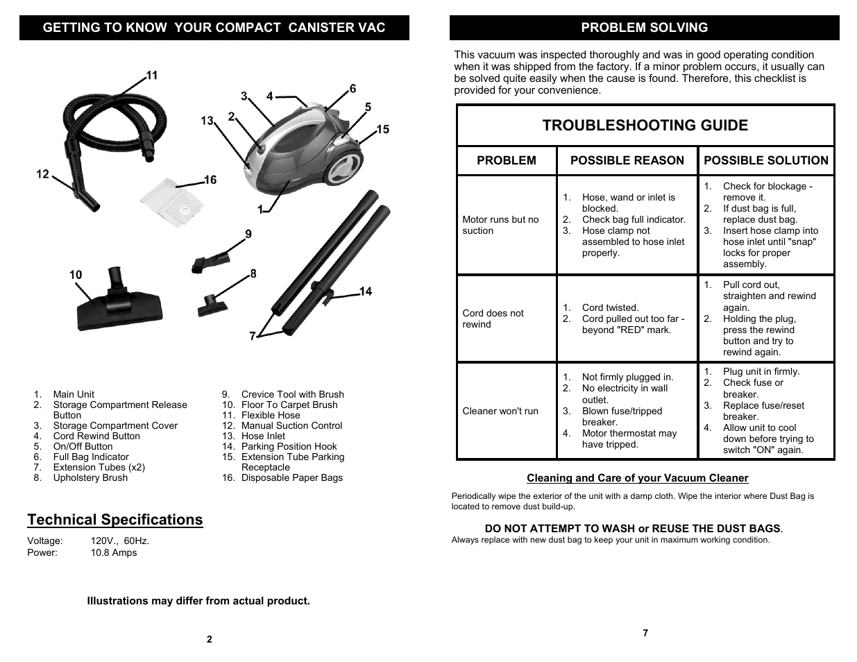 Troubleshooting guide, Technical specifications | Euro-Pro EP709 User Manual | Page 4 / 6