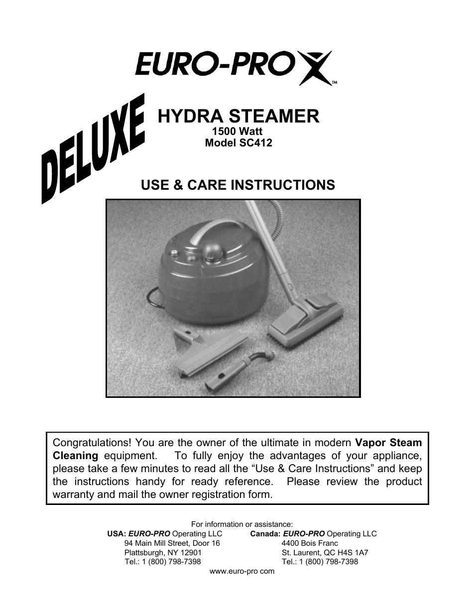 Euro-Pro HYDRA STEAMER SC412 User Manual | 15 pages