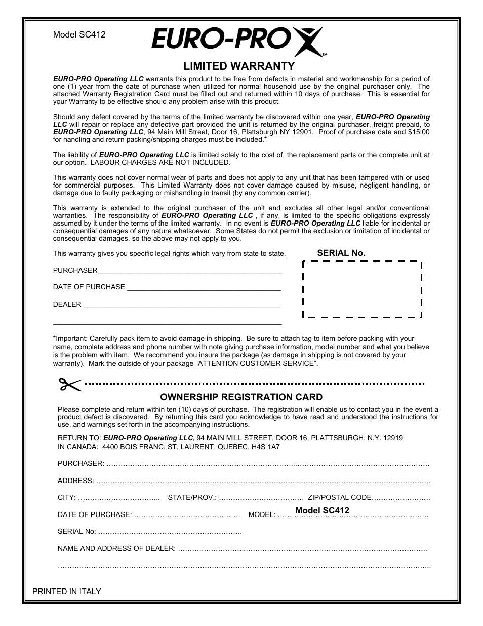 Limited warranty, Ownership registration card | Euro-Pro HYDRA STEAMER SC412 User Manual | Page 15 / 15