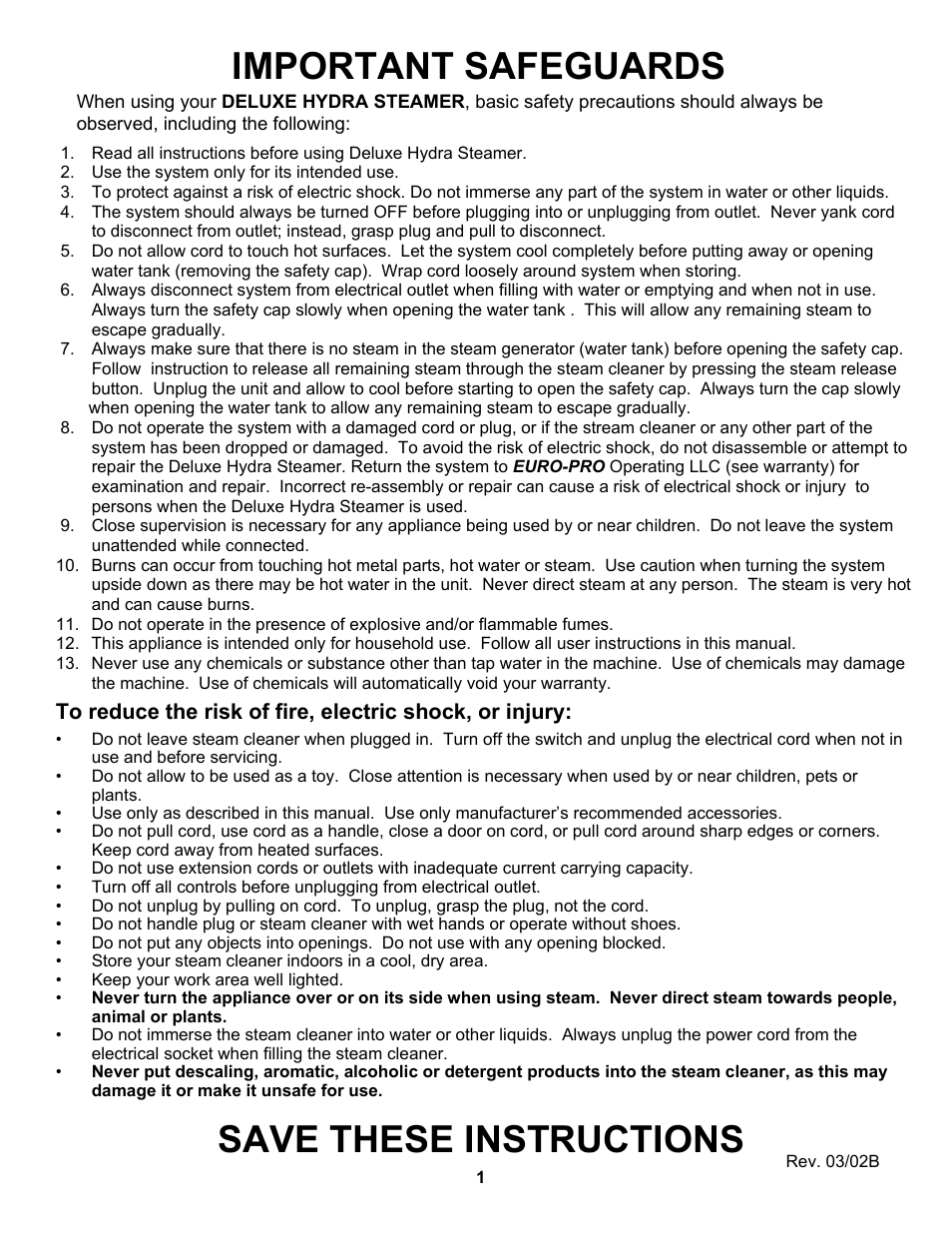 Important safeguards, Save these instructions | Euro-Pro HYDRA STEAMER SC412 User Manual | Page 2 / 15