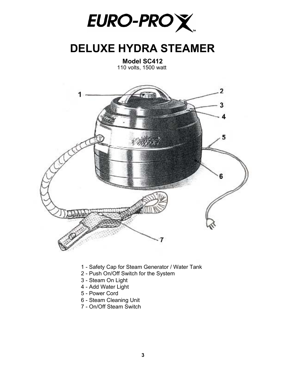 Deluxe hydra steamer | Euro-Pro HYDRA STEAMER SC412 User Manual | Page 4 / 15