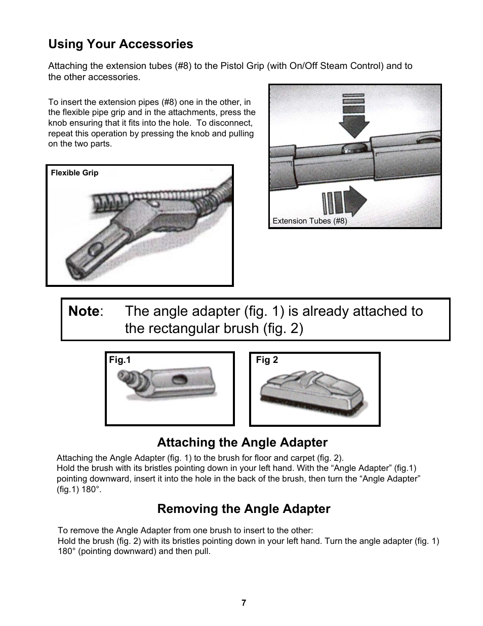 Using your accessories, Attaching the angle adapter, Removing the angle adapter | Euro-Pro HYDRA STEAMER SC412 User Manual | Page 8 / 15