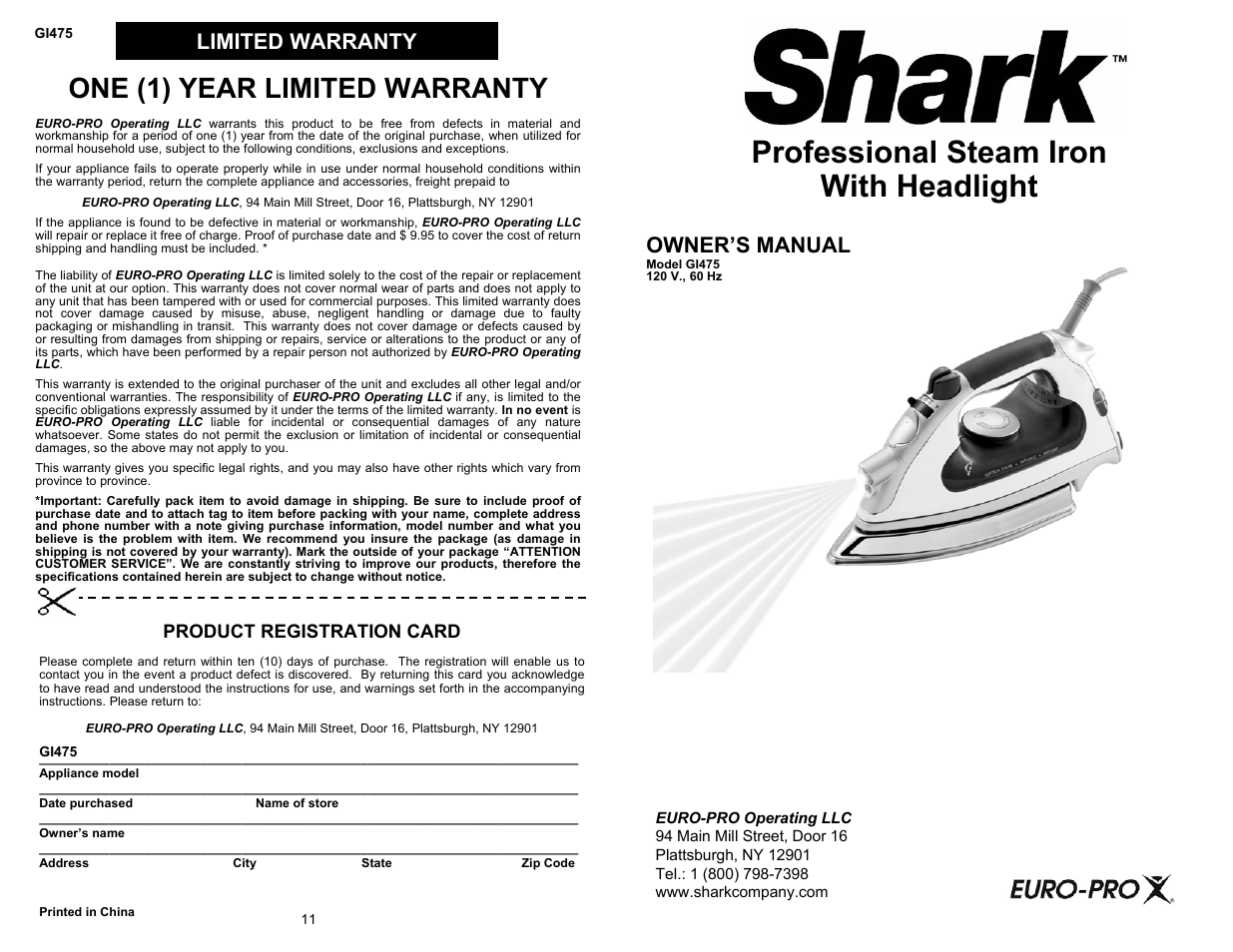 Euro-Pro SHARK GI475 User Manual | 6 pages