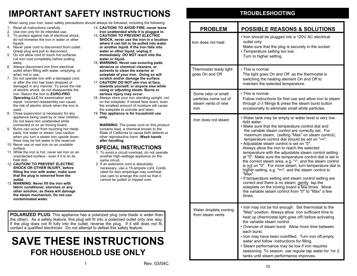Save these instructions, Important safety instructions, For household use only | Special instructions | Euro-Pro SHARK GI475 User Manual | Page 2 / 6