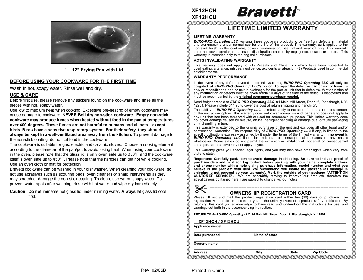 Lifetime limited warranty, Xf12hch xf12hcu | Euro-Pro BRAVETTI XF12HCH User Manual | Page 2 / 2