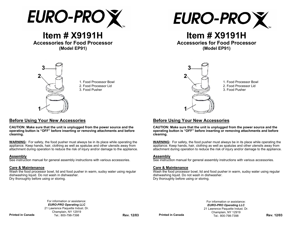 Euro-Pro X9191H EP91 User Manual | 1 page