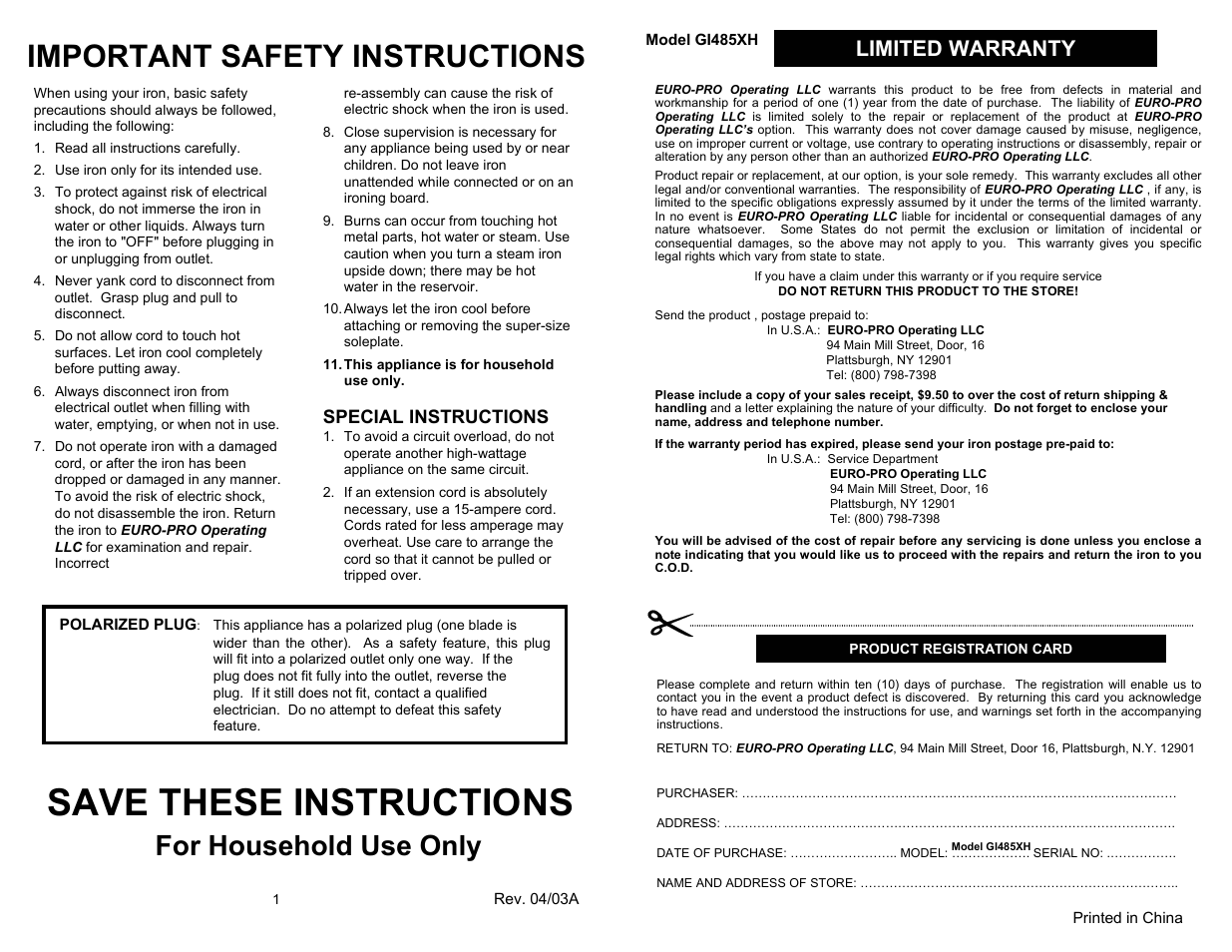 Save these instructions, Important safety instructions, For household use only | Limited warranty, Special instructions | Euro-Pro GI485XH User Manual | Page 2 / 6