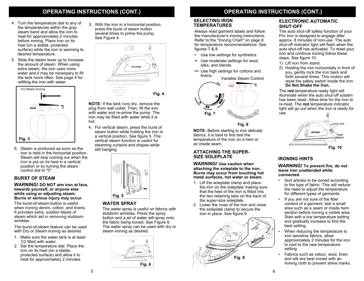 Operating instructions (cont.) | Euro-Pro GI485XH User Manual | Page 6 / 6