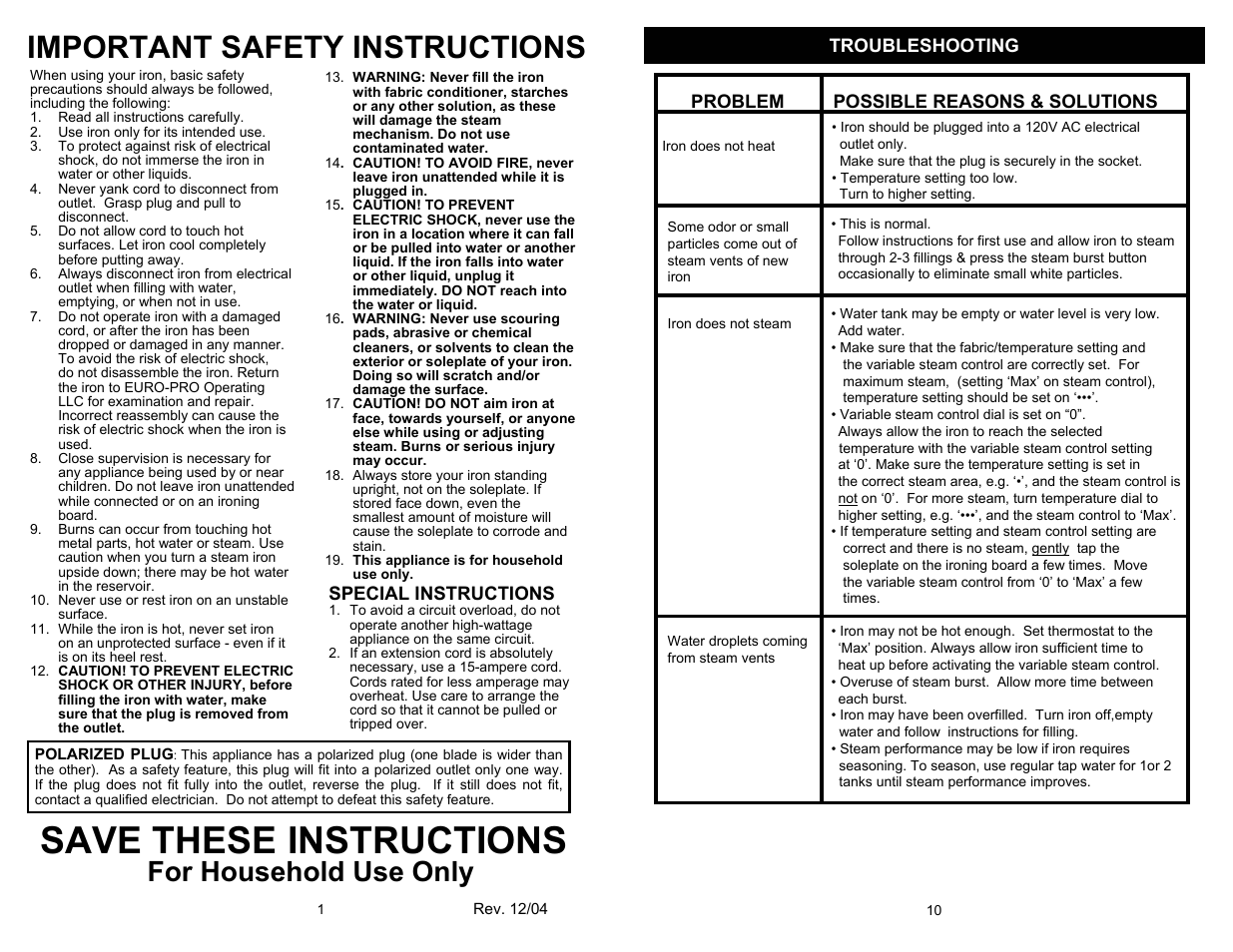 Save these instructions, Important safety instructions, For household use only | Special instructions | Euro-Pro SHARK GI495 User Manual | Page 2 / 6