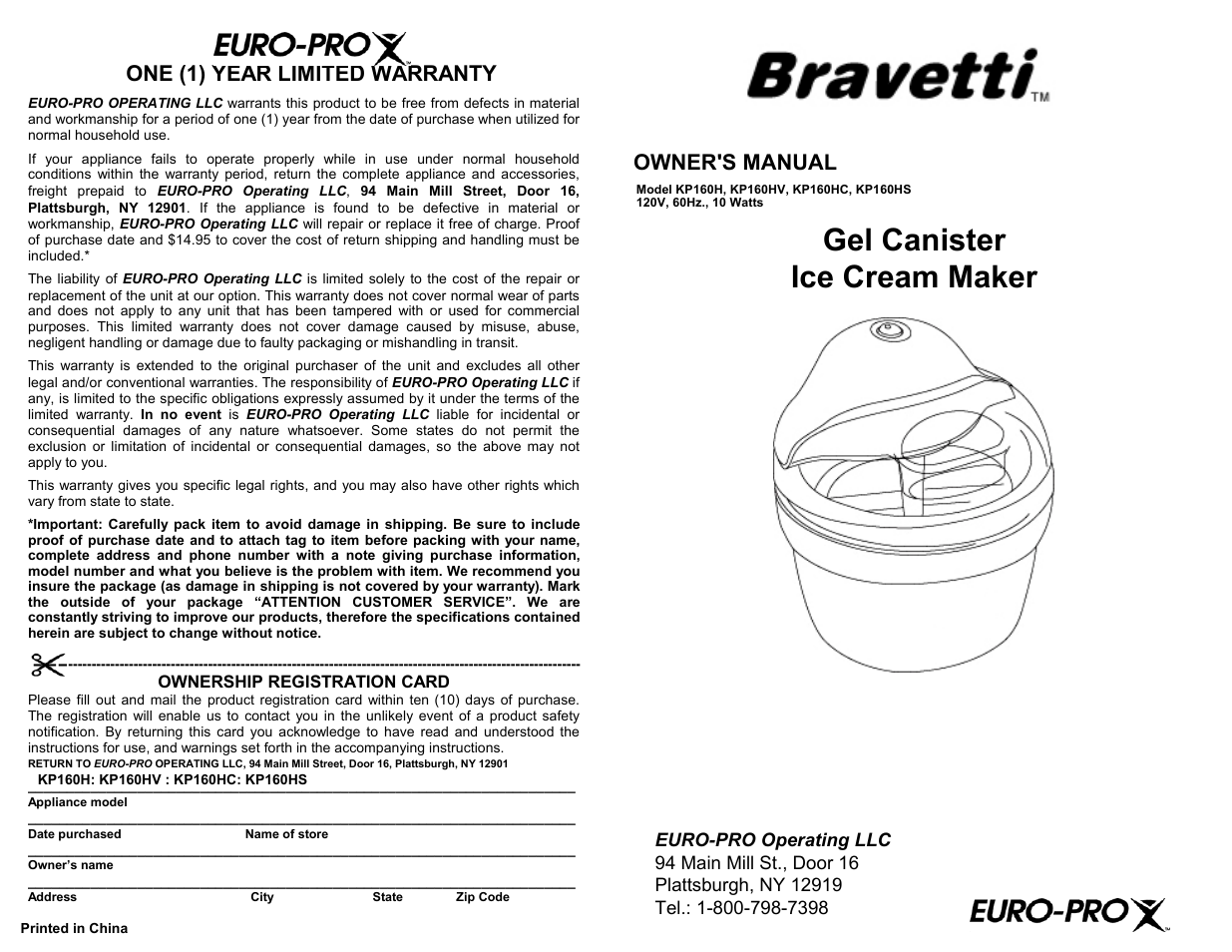 Euro-Pro BRAVETTI KP160HC User Manual | 4 pages