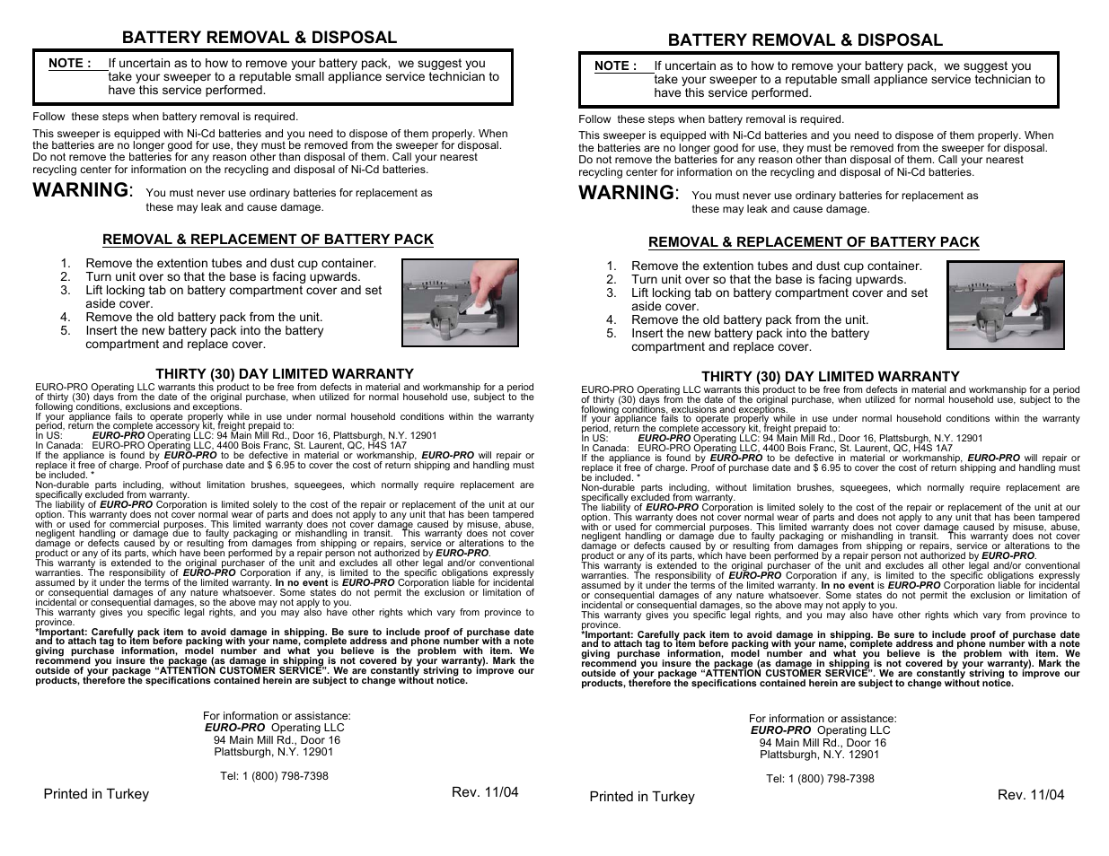 Warning, Battery removal & disposal | Euro-Pro V1730 User Manual | Page 2 / 2