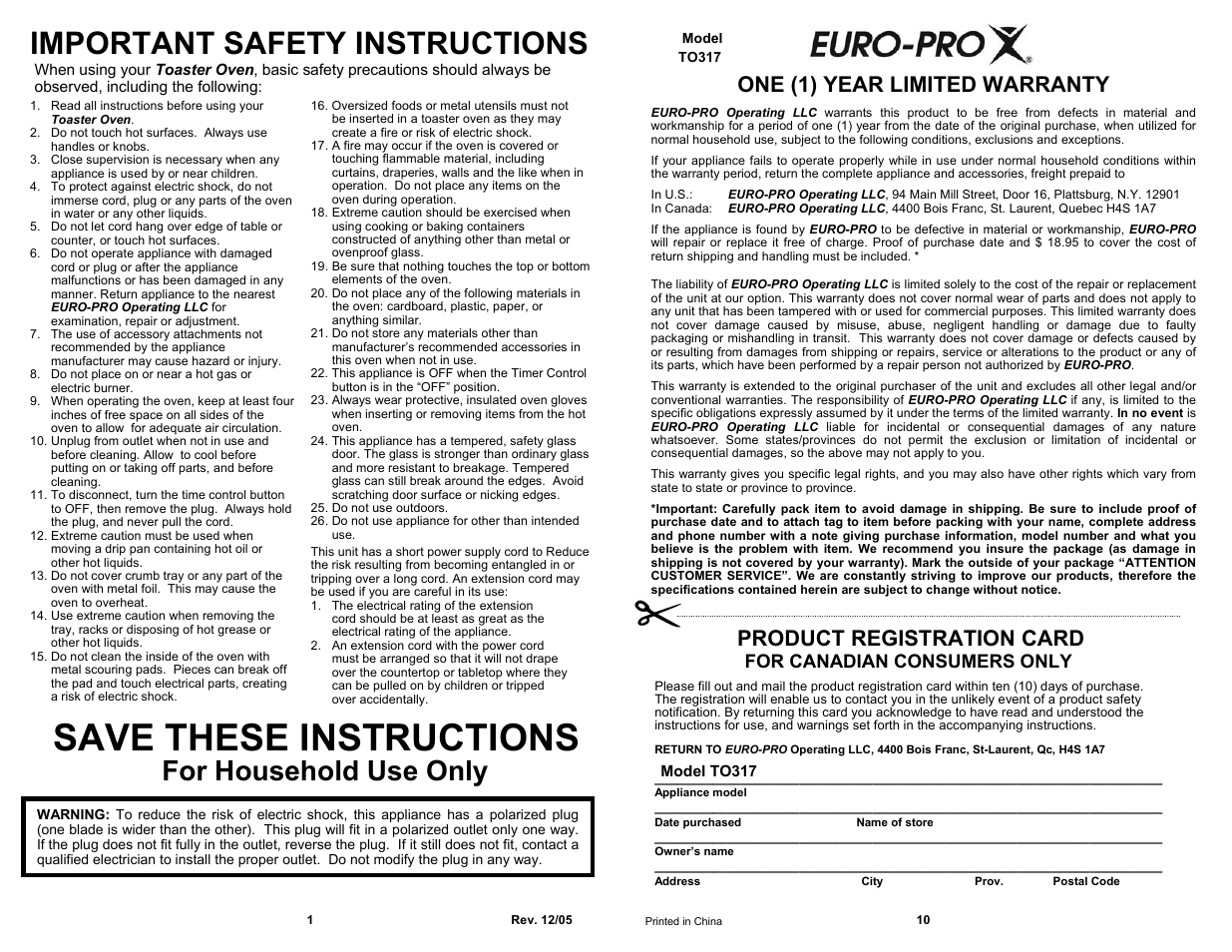 Save these instructions, Important safety instructions, For household use only | Product registration card, One (1) year limited warranty, For canadian consumers only | Euro-Pro TO317 User Manual | Page 2 / 6