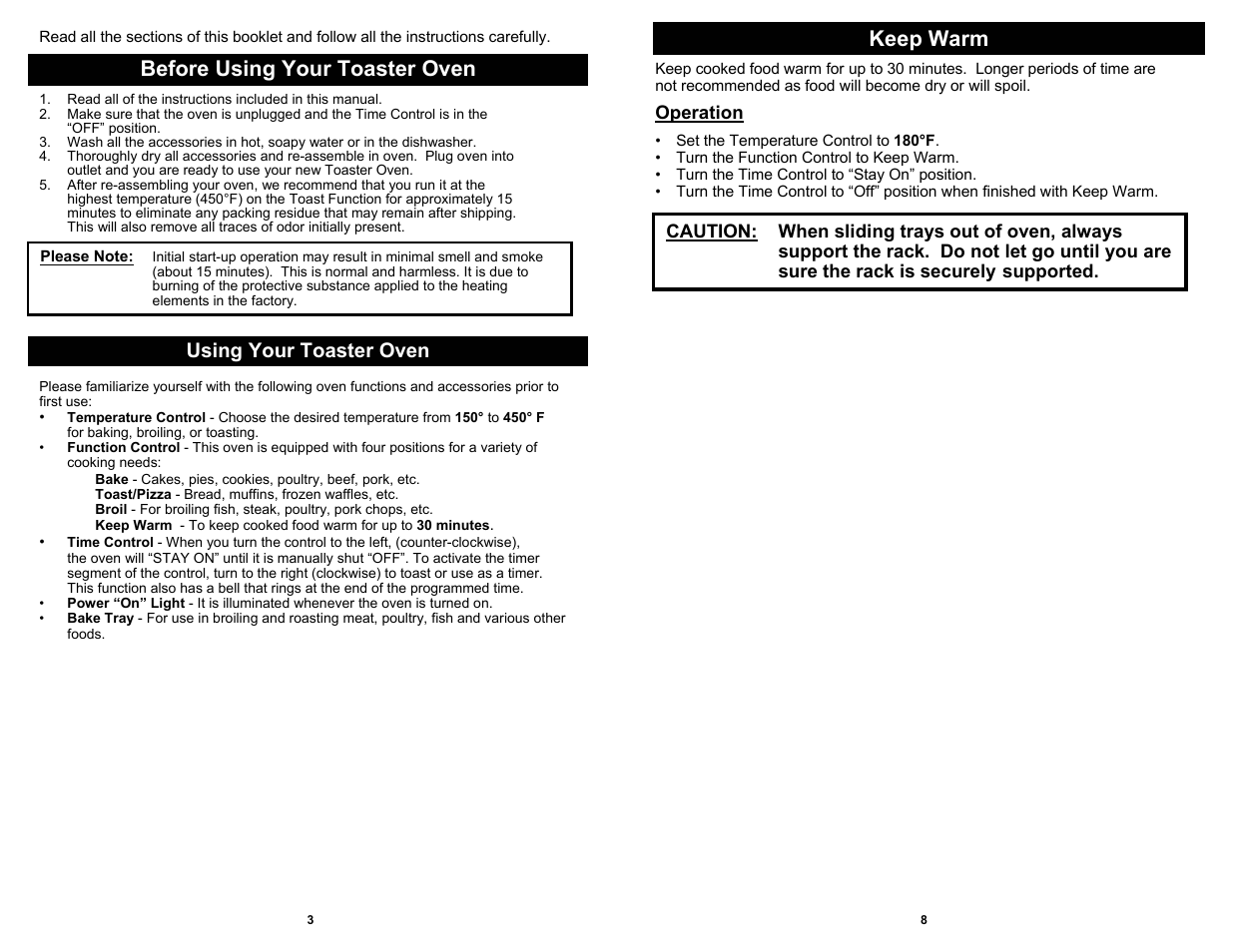 Keep warm, Before using your toaster oven, Using your toaster oven | Euro-Pro TO317 User Manual | Page 4 / 6