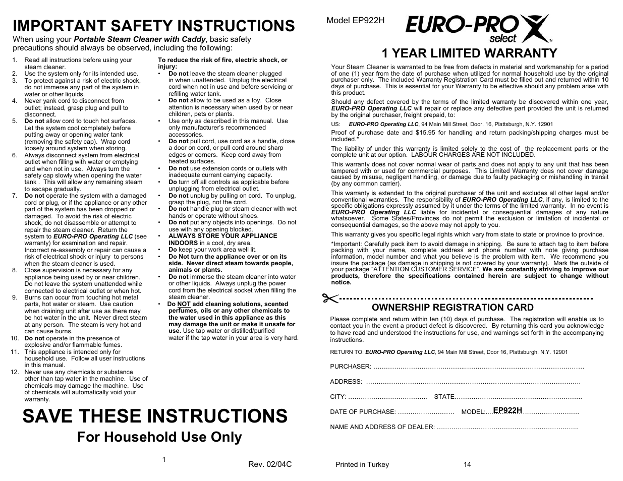 Save these instructions, Important safety instructions, For household use only | 1 year limited warranty, Ownership registration card, Model ep922h | Euro-Pro SELECT EP922H User Manual | Page 2 / 8