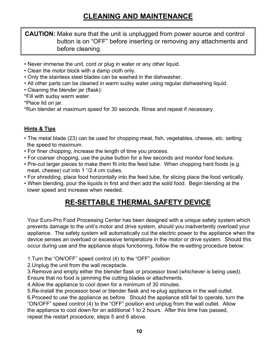 Cleaning and maintenance, Re-settable thermal safety device | Euro-Pro EKP110 User Manual | Page 12 / 13
