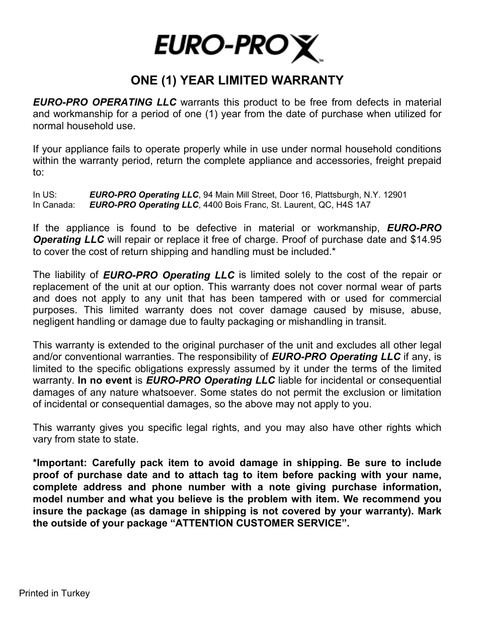One (1) year limited warranty | Euro-Pro EKP110 User Manual | Page 13 / 13