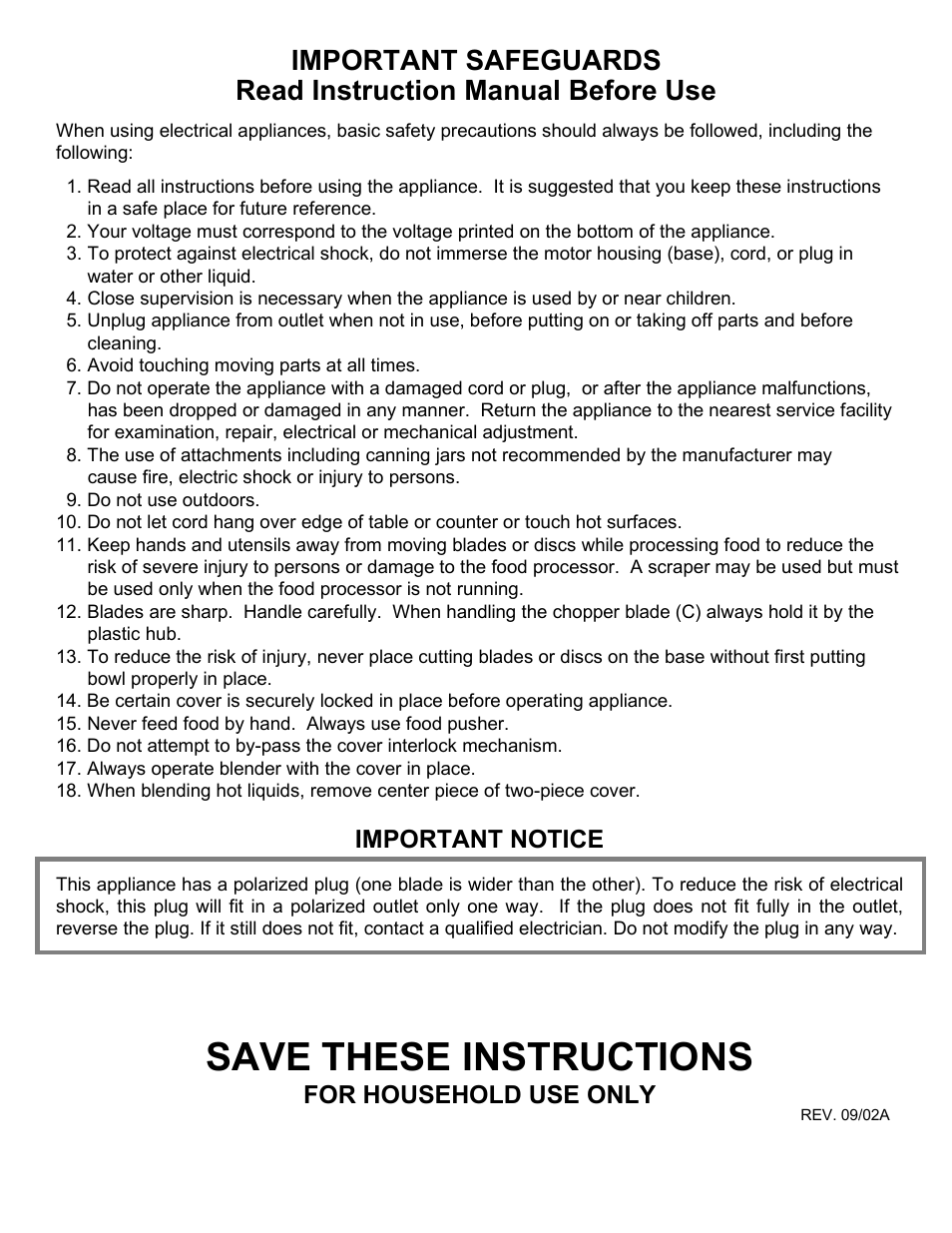 Save these instructions, Important safeguards, Read instruction manual before use | Euro-Pro EKP110 User Manual | Page 2 / 13
