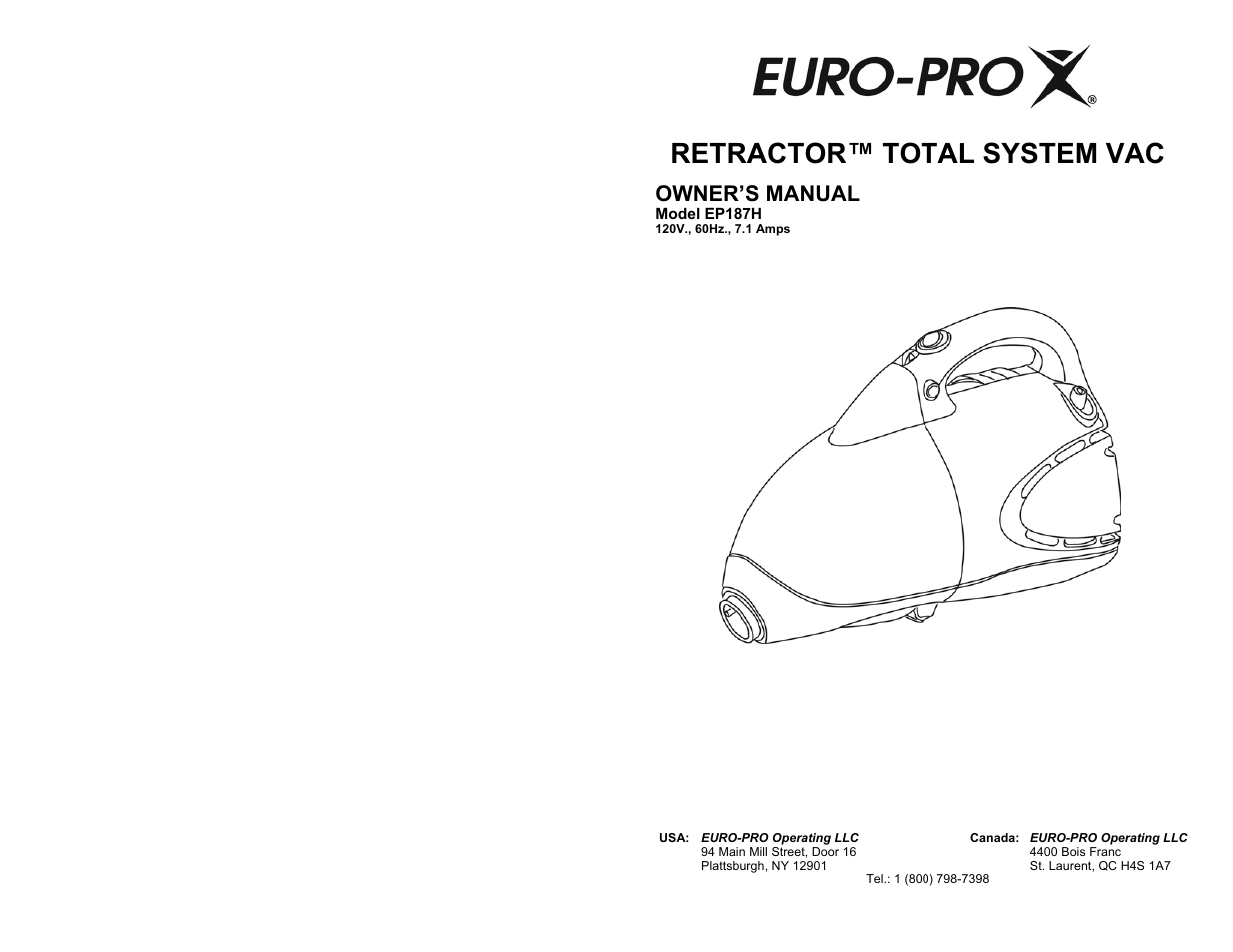 Euro-Pro RETRACTORTM TOTAL SYSTEM VAC EP187H User Manual | 6 pages