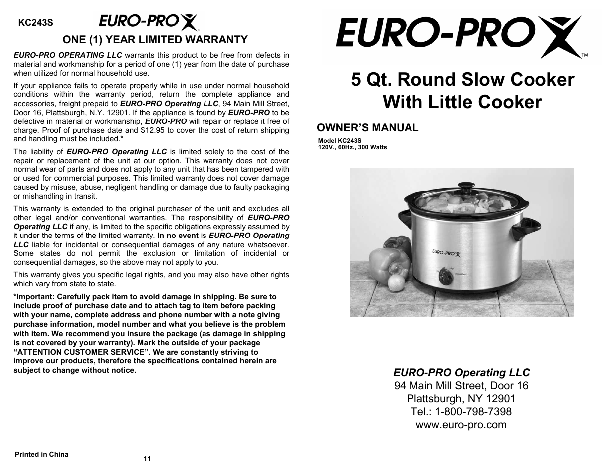 Euro-Pro 5 QT. ROUND SLOW COOKER KC243S User Manual | 6 pages
