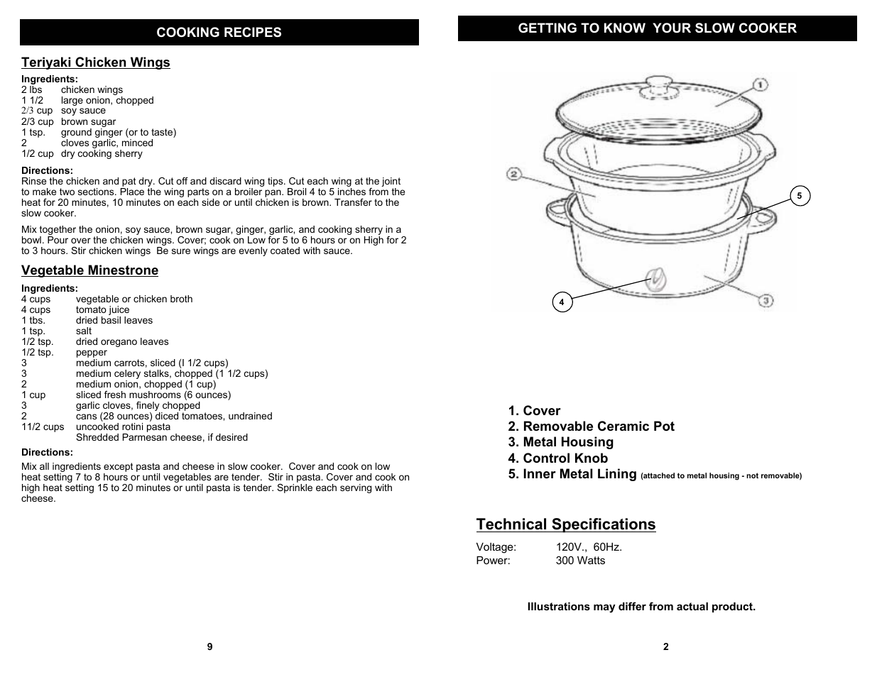 Technical specifications, Vegetable minestrone | Euro-Pro 5 QT. ROUND SLOW COOKER KC243S User Manual | Page 3 / 6