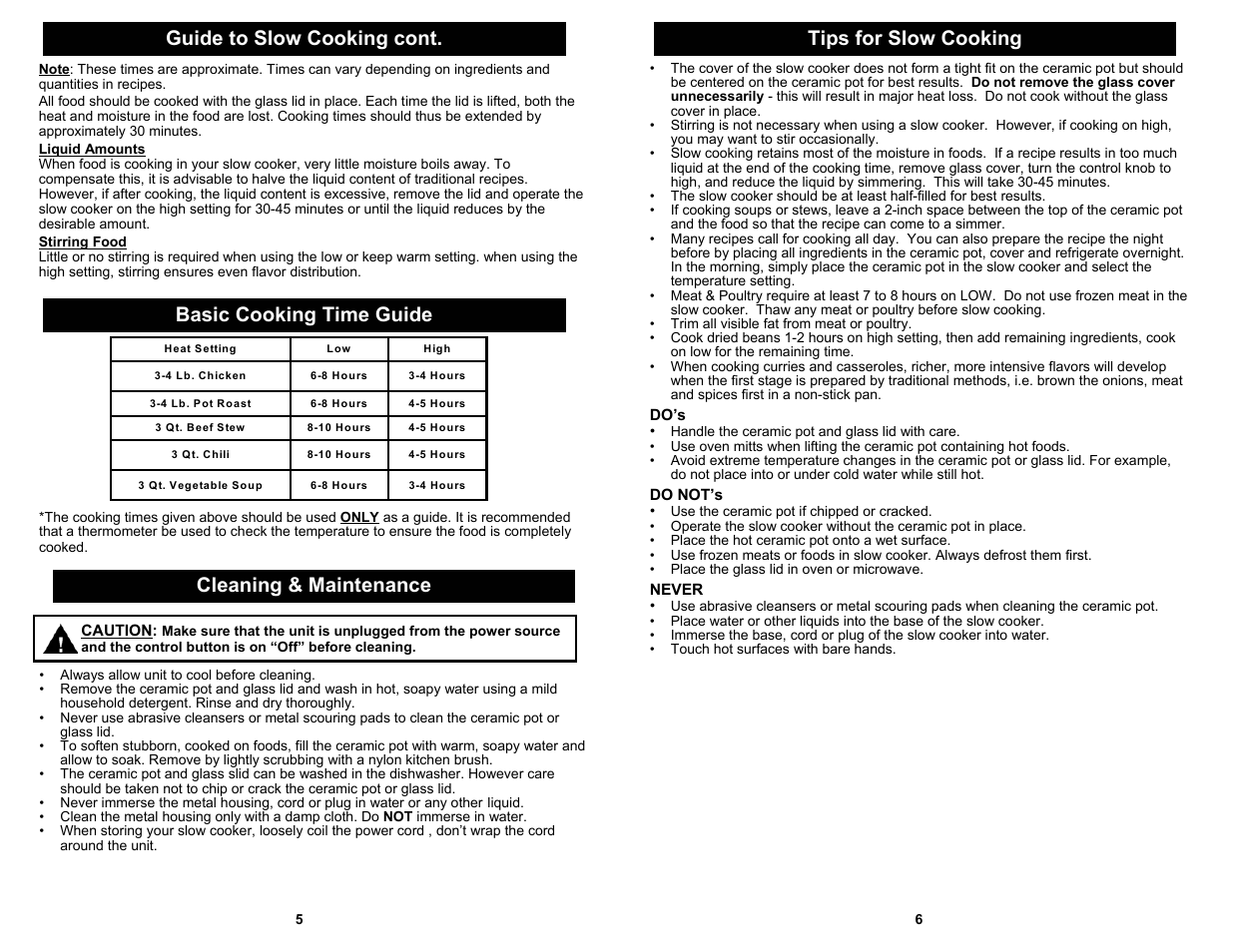 Guide to slow cooking cont. tips for slow cooking, Basic cooking time guide, Cleaning & maintenance | Euro-Pro 5 QT. ROUND SLOW COOKER KC243S User Manual | Page 6 / 6